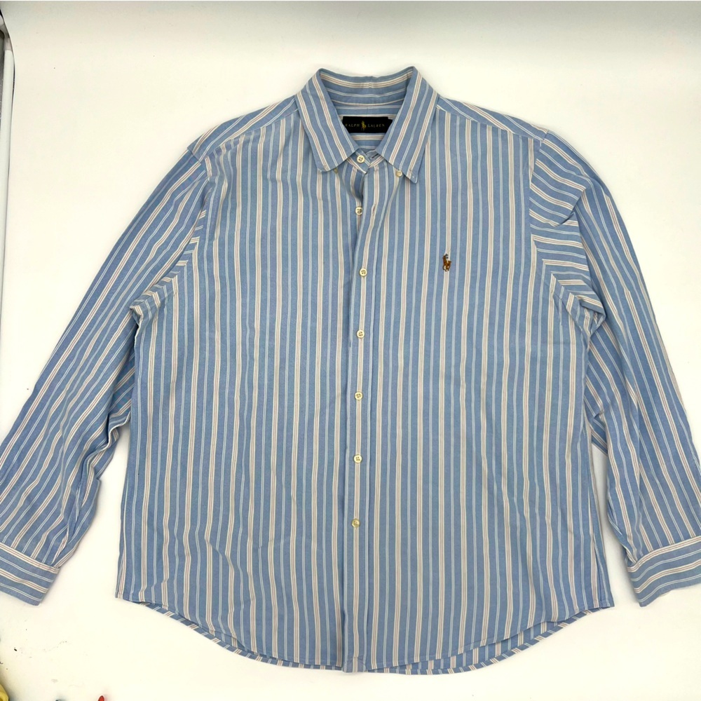 Polo by Ralph Lauren Men's Flesh Pony Blue, White & Pink Striped Shirt Size‎ XL